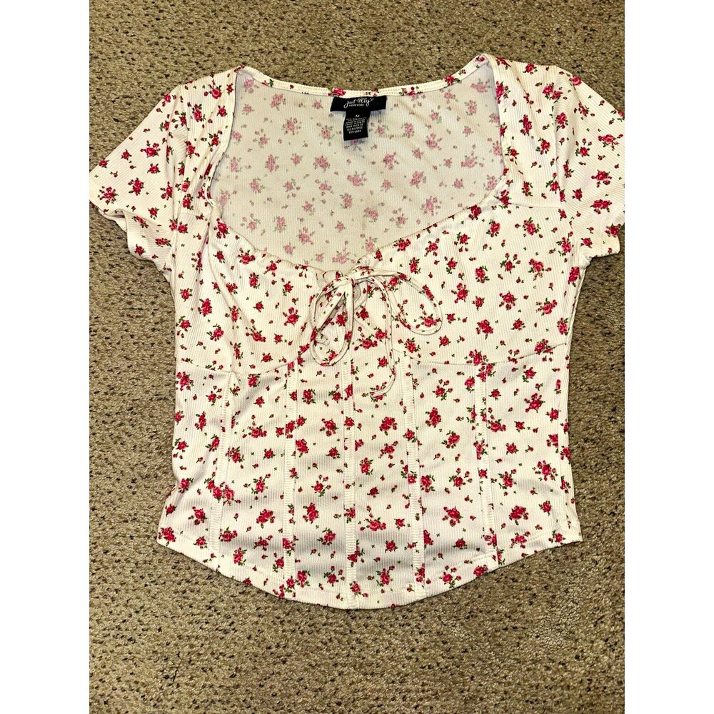 Miss Kelly New York Women's M White Knit Floral Scoop Neck Tie-Front Bow Top